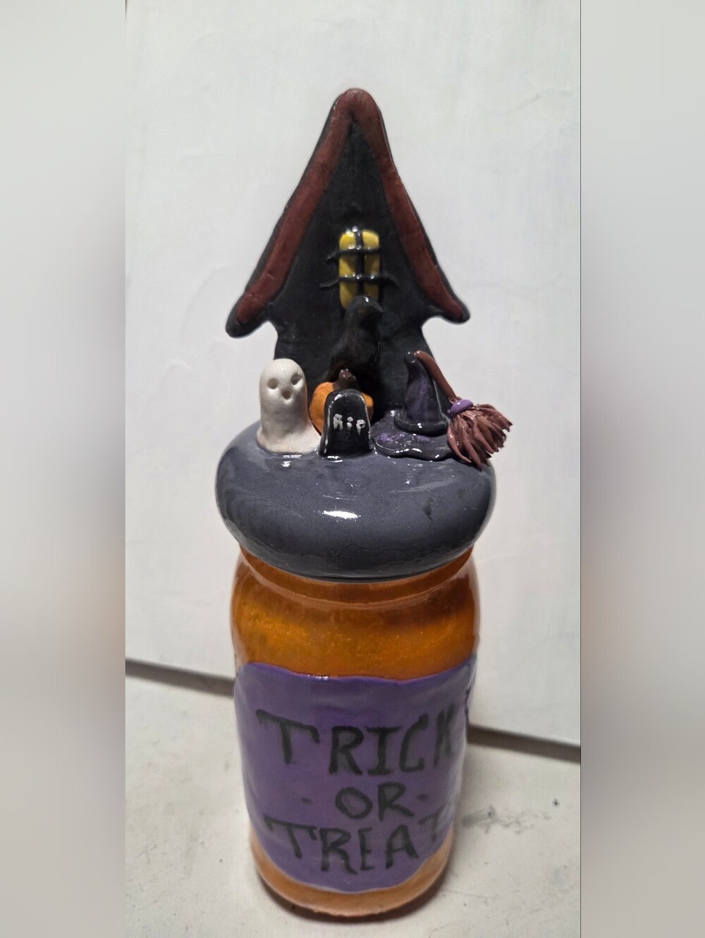 Halloween 'Trick or Treat'  Glass Jar Decorative Halloween Lid ~GLOWS~!